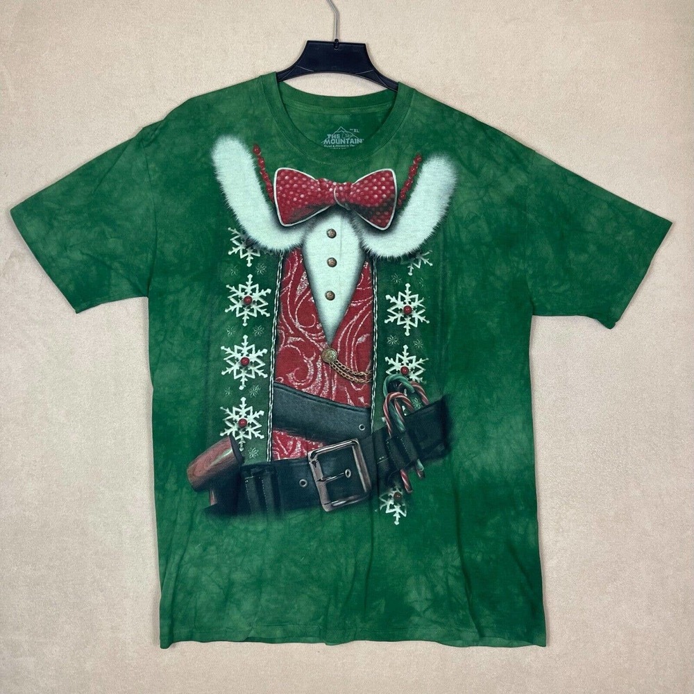 The Mountain Holiday Print Santa Claus T Shirt Mens XL Green Relaxed Fit